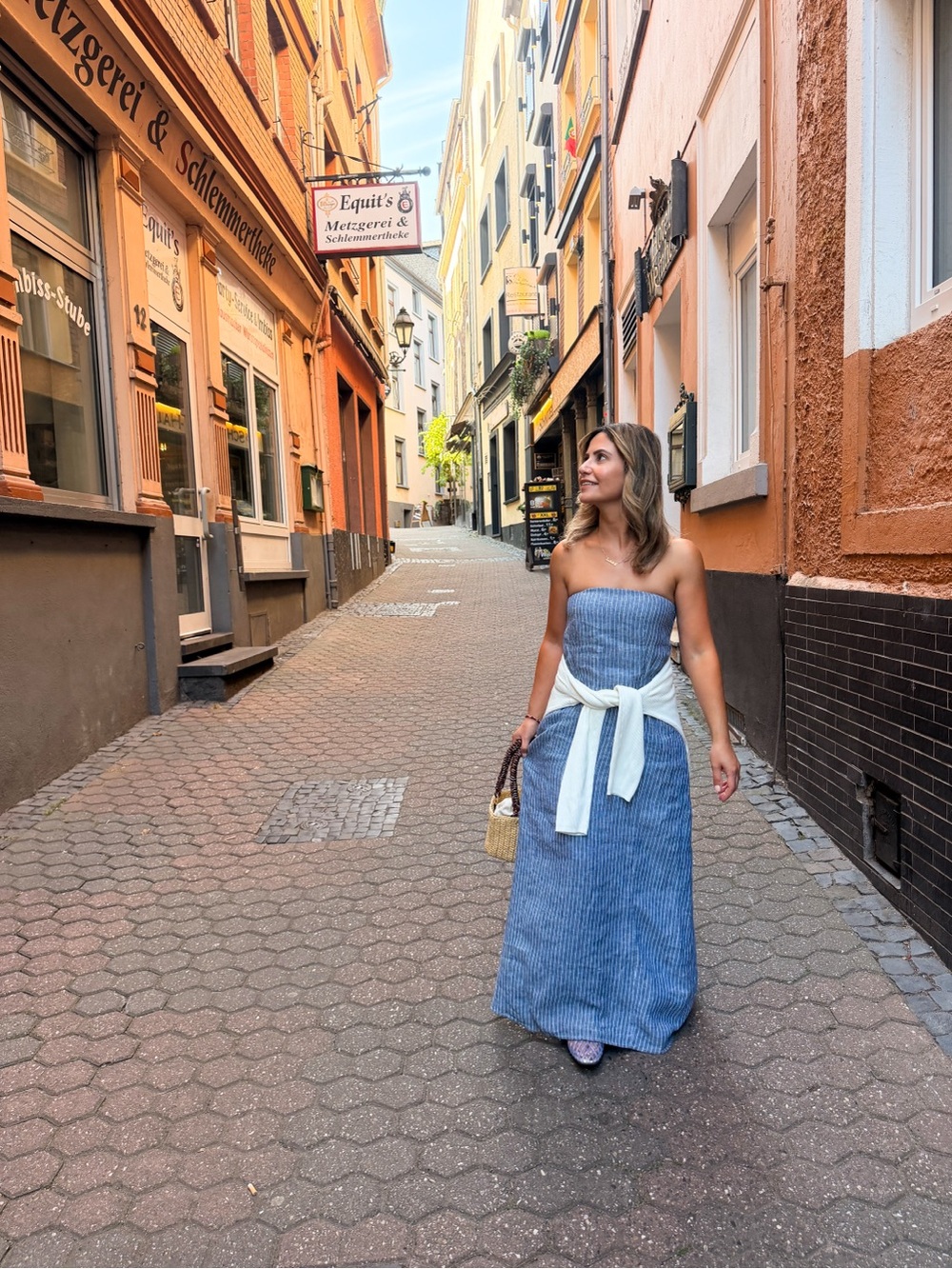 Quince Strapless Dress in Navy with White Pinstripes